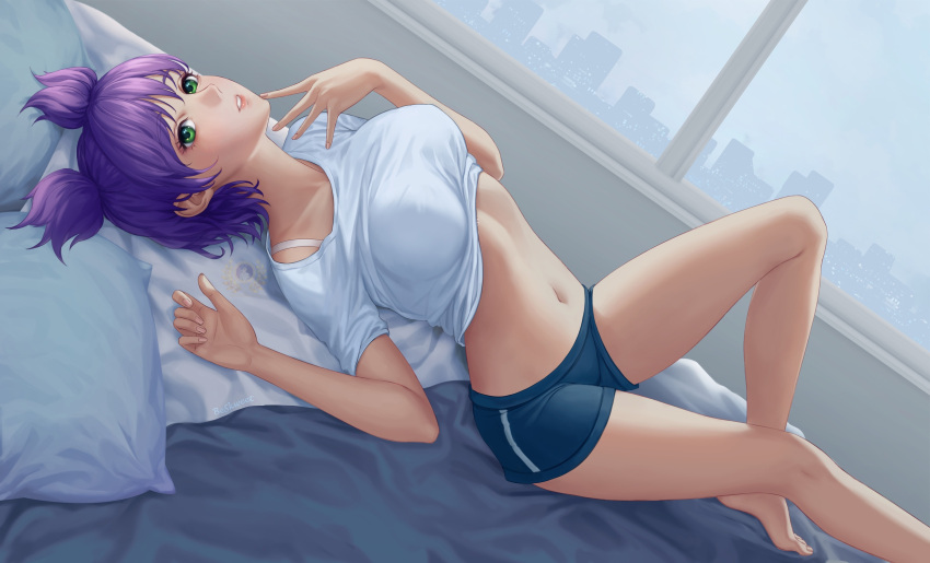 1girl bangs barefoot bed_sheet beskweet blue_shirt breasts collarbone curvy everlasting_summer fingernails from_above from_side green_eyes highres indoors large_breasts legs lips looking_at_viewer lying medium_hair navel on_back parted_lips pillow purple_hair room shirt short_shorts short_sleeves short_twintails shorts solo stomach t-shirt twintails unyl-chan white_shirt window