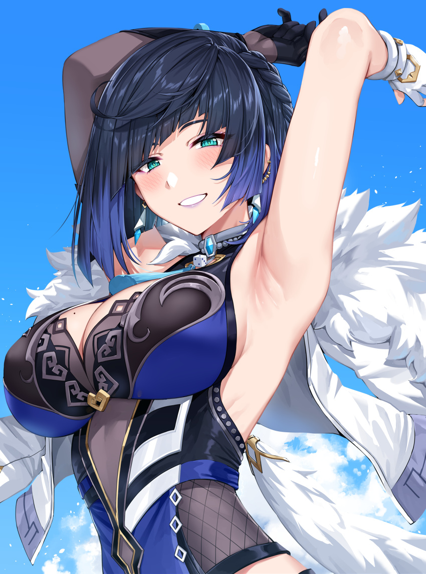 1girl absurdres armpits arms_up asymmetrical_gloves bangs bare_shoulders black_gloves blush bob_cut breasts cloud colored_tips diagonal_bangs dice elbow_gloves fingerless_gloves fur-trimmed_jacket fur_trim genshin_impact gloves green_eyes grin half_gloves highres jacket jacket_on_shoulders looking_at_viewer mismatched_gloves mole mole_on_breast multicolored_hair neck_tassel single_elbow_glove smile tassel tassel_choker white_gloves white_jacket white_sky yakimi_27 yelan_(genshin_impact)