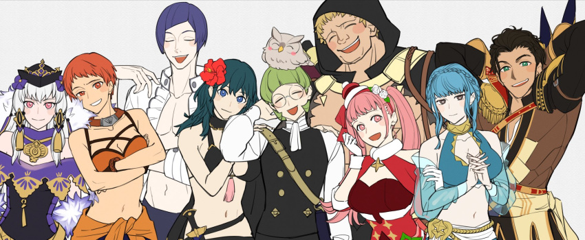 3boys 5girls bird blonde_hair blue_eyes blue_hair braid breasts brown_hair byleth_(fire_emblem) byleth_(fire_emblem)_(female) claude_von_riegan crossed_arms feh_(fire_emblem_heroes) fire_emblem fire_emblem:_three_houses fire_emblem_heroes flower garreg_mach_monastery_uniform glasses green_eyes green_hair hair_flower hair_ornament highres hilda_valentine_goneril ignatz_victor leonie_pinelli long_hair lorenz_hellman_gloucester lysithea_von_ordelia marianne_von_edmund medium_hair multiple_boys multiple_girls official_alternate_costume open_mouth orange_hair owl pink_eyes pink_hair raphael_kirsten shishima_eichi short_hair swimsuit twintails white_background white_hair