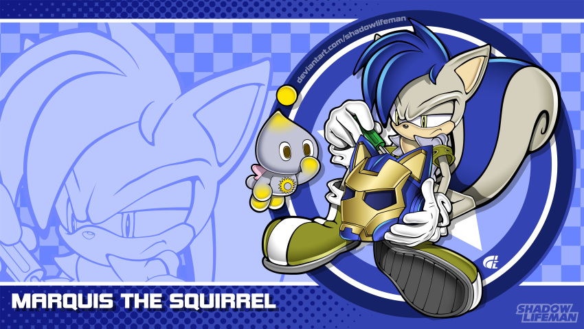 absurd_res anthro armor blue_body blue_fur chao_(sonic) duo fan_character fur grey_hair hair headgear helmet hi_res male mammal marquis_the_squirrel rodent sciurid sega shadowlifeman sonic_the_hedgehog_(series) tinkering tools