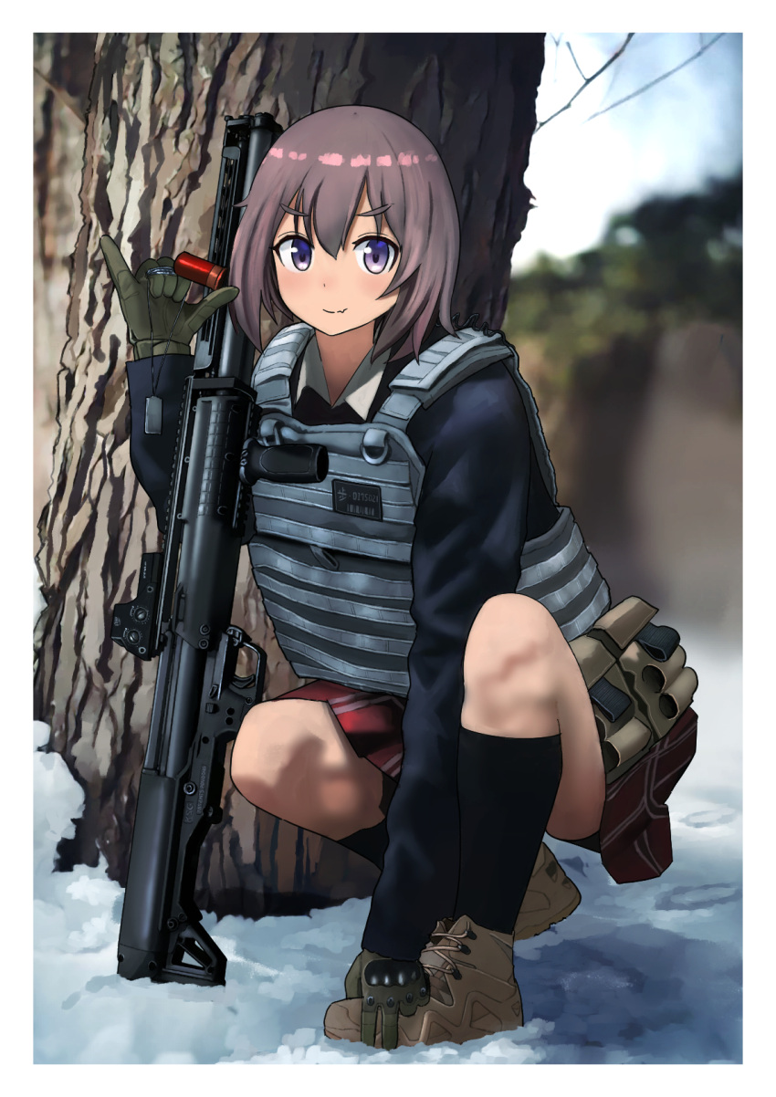 1girl black_legwear blue_cardigan blush brown_footwear brown_hair bullpup cardigan collared_shirt commentary_request commission eyebrows_visible_through_hair gloves green_gloves gun hair_between_eyes highres kneehighs kneeling ksg-25 original pixiv_request purple_eyes red_skirt shirt skirt smile solo tactical_clothes timmyyen tree vest wavy_mouth weapon