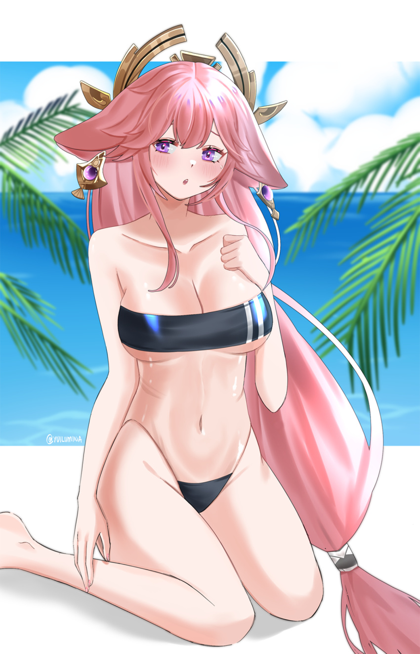 1girl animal_ears bangs bare_arms bare_legs bare_shoulders blue_sky blush breasts cleavage commentary covered_navel day foot_out_of_frame fox_ears genshin_impact gris_swimsuit groin hand_up head_tilt highres large_breasts long_hair looking_at_viewer low-tied_long_hair meme_attire ocean one-piece_swimsuit outdoors parted_lips pink_hair purple_eyes sitting sky solo strapless strapless_swimsuit swimsuit thighs very_long_hair wariza water yae_miko yui_lumina_(artist)