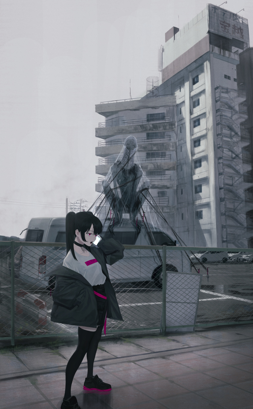 1girl 1other absurdres black_hair bound broken broken_chain building car chain chain-link_fence choker cr_iws_t_72 fence ground_vehicle highres jacket long_sleeves looking_away monster motor_vehicle open_mouth original overcast parking_lot phone pink_eyes road scenery shirt_tucked_in shoes skirt sneakers street thighhighs tied_up_(nonsexual) twintails van