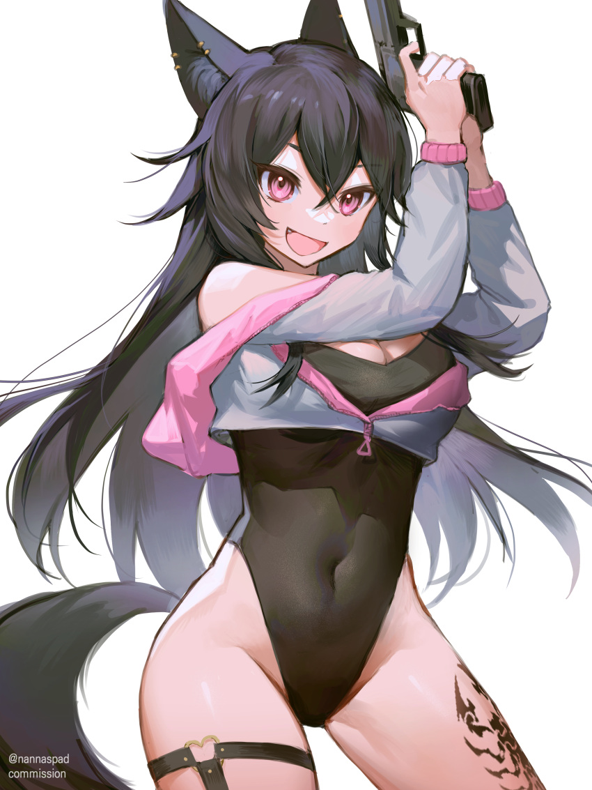 1girl absurdres animal_ears bangs black_hair breasts cat_ears cleavage commission copyright_request gun highres holding holding_gun holding_weapon jacket leotard long_hair medium_breasts nannaspad navel open_clothes open_jacket open_mouth pink_eyes scorpion_tattoo simple_background smile solo standing tail tattoo virtual_youtuber weapon white_background wolf_ears wolf_tail