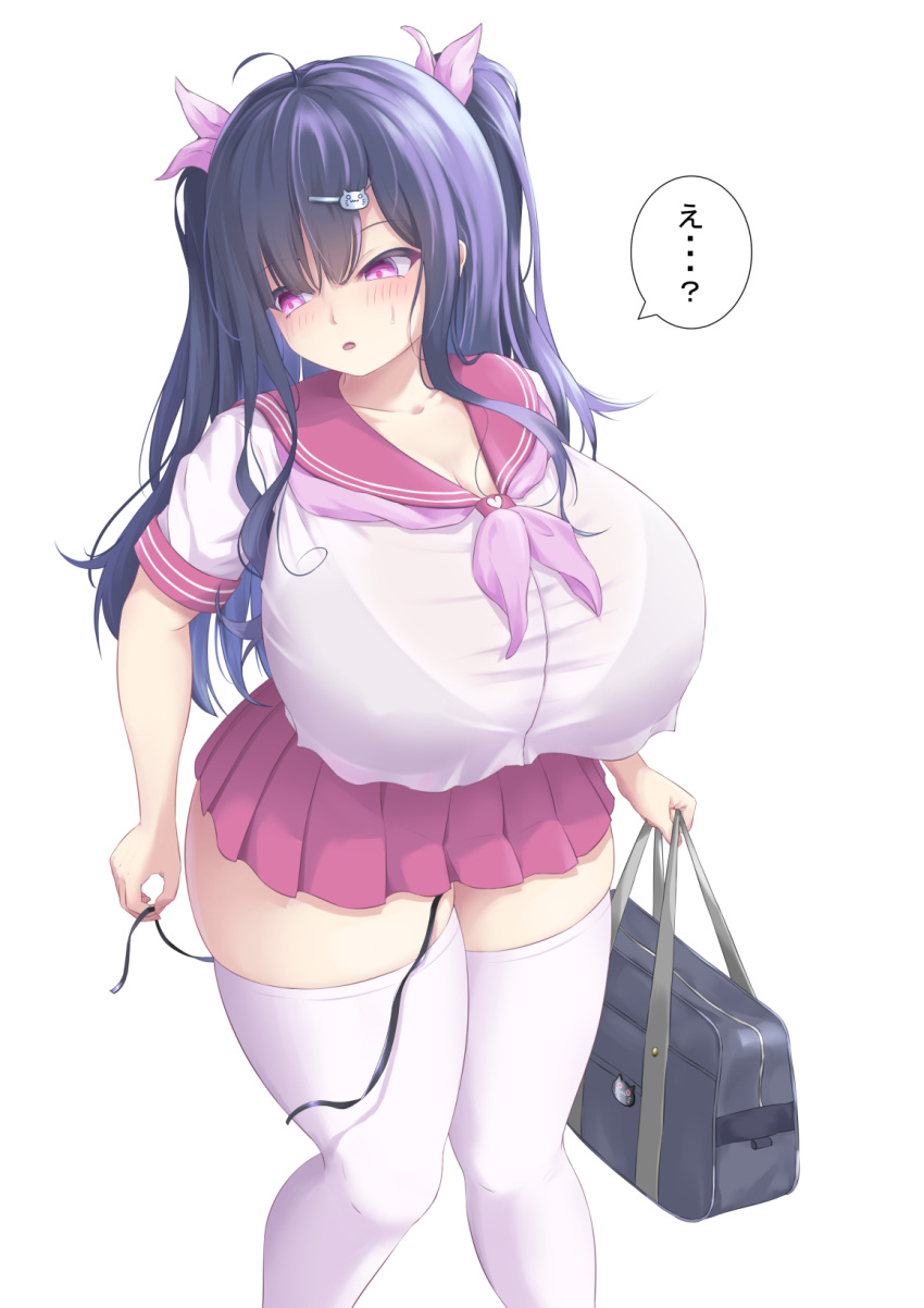 1girl bag bangs black_bra black_hair blush bra bra_visible_through_clothes bralines breasts commentary_request hair_ribbon highres huge_breasts long_hair lv_249 oppai_loli original panties parted_lips pleated_skirt purple_eyes red_sailor_collar red_skirt ribbon sailor_collar school_bag school_uniform see-through serafuku shirt side-tie_panties skirt solo speech_bubble standing thighhighs thighs twintails underwear untied untied_panties wet wet_clothes wet_shirt white_background white_shirt