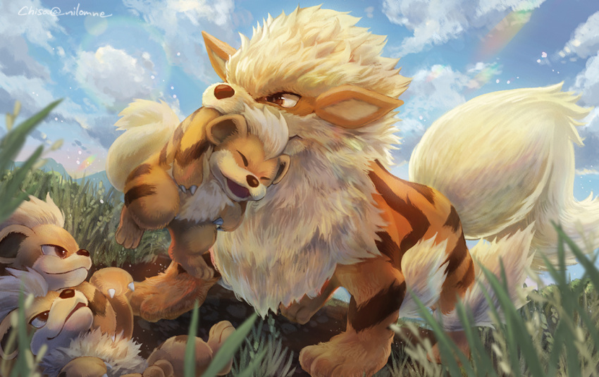 arcanine claws cloud commentary_request day fluffy grass growlithe lying momomo12 mouth_hold no_humans on_back outdoors pokemon pokemon_(creature) sky standing