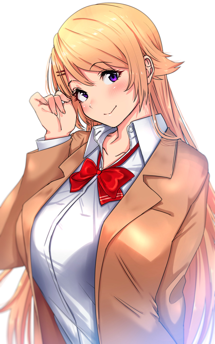 1girl absurdres adjusting_hair blazer blonde_hair bouhatei_(t-back) bow bowtie breasts fingernails hair_ornament hairclip highres jacket kujou_shion large_breasts long_hair looking_at_viewer loose_bowtie purple_eyes red_bow red_bowtie school_uniform simple_background smile solo sounan_desuka? upper_body white_background