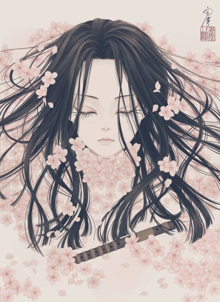 1boy absurdres androgynous artist_name bishounen black_hair cherry_blossoms closed_eyes closed_mouth commentary expressionless eyelashes facing_viewer floating_hair flower flute forehead heike_monogatari highres instrument long_hair male_focus original parted_hair petals pink_flower portrait seal_impression signature solo ushiyama_ame white_background