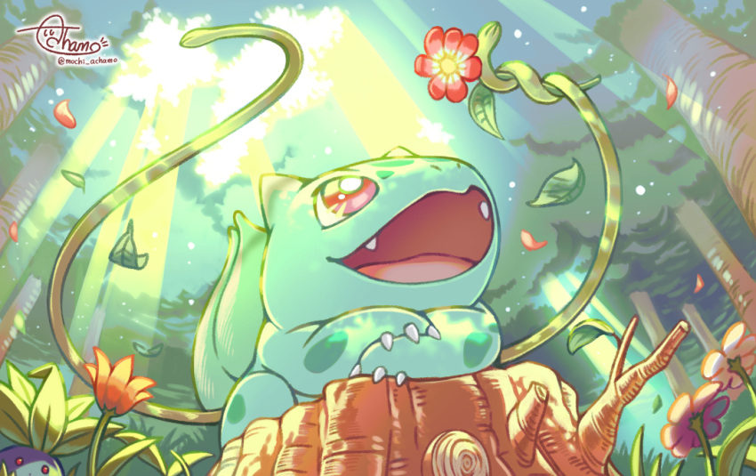:d acyamochi bright_pupils bulbasaur claws commentary_request day falling_petals fangs flower forest from_below holding holding_flower leaf leaves_in_wind light_rays looking_up lying nature oddish on_stomach open_mouth outdoors petals pink_flower plant pokemon red_flower smile tongue tree tree_stump vines white_pupils