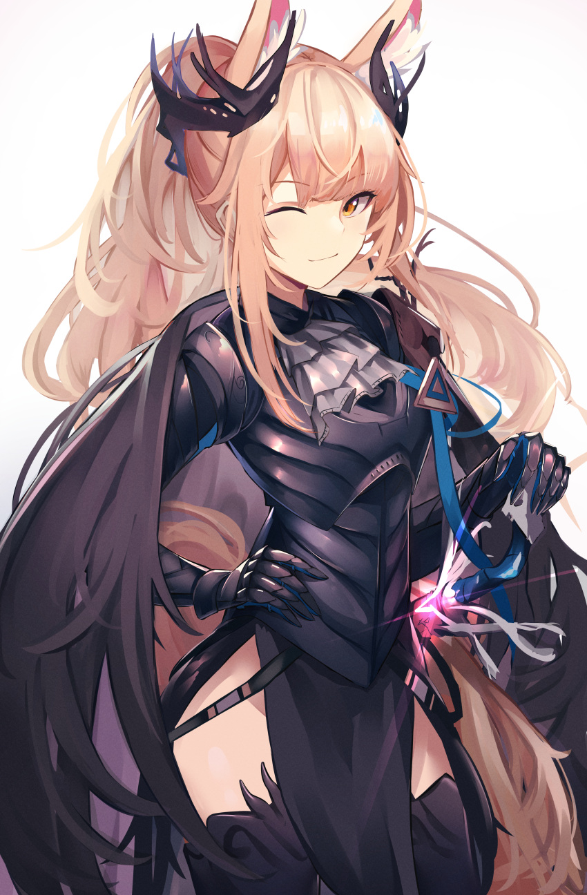 1girl ;) absurdres animal_ear_fluff animal_ears arknights armor armored_dress ascot black_cape black_footwear black_legwear blemishine_(arknights) blemishine_(moon_catastrborn)_(arknights) blonde_hair cape closed_mouth cowboy_shot crown gauntlets grey_ascot hand_on_sheath hand_on_weapon highres horse_ears horse_girl horse_tail long_hair looking_at_viewer official_alternate_costume one_eye_closed orange_eyes pelvic_curtain ponytail sheath sheathed shiki44boku smile solo sword tail thighhighs very_long_hair weapon