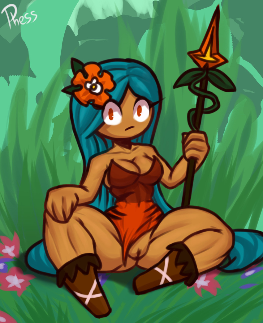 absurd_res blue_hair bottomless clothed clothing cookie cookie_humanoid cookie_run female flower food food_creature food_humanoid genitals hair hi_res humanoid long_hair melee_weapon partially_clothed phess plant polearm pussy solo spear tiger_lily_cookie weapon