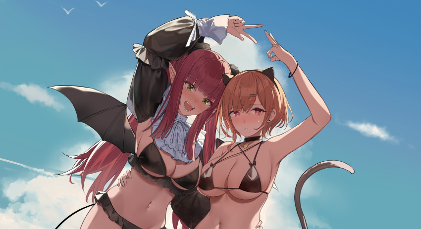 2girls :d absurdres animal_ears arm_up bangs bikini bird black_bikini black_wings blue_sky blush bracelet breasts brown_hair cat_ears cleavage cosplay demon_girl demon_tail demon_wings detached_sleeves fake_animal_ears green_eyes hair_ornament hairclip hand_on_hip highres higuchi_madoka idolmaster idolmaster_shiny_colors jewelry kitagawa_marin large_breasts long_hair looking_at_viewer mole mole_under_eye multiple_girls navel parted_lips pink_hair pointy_ears purple_eyes short_hair side-by-side sky smile sono_bisque_doll_wa_koi_wo_suru string_bikini swimsuit tail upper_body v wings yokii