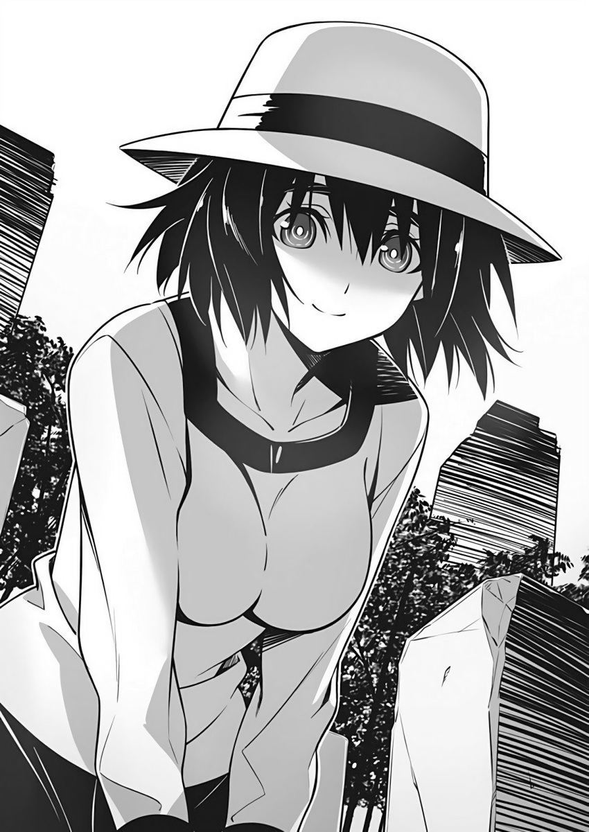 1girl bangs black_hair breasts closed_mouth collarbone commentary english_commentary greyscale hair_between_eyes hat highres kiyoe_sans long_sleeves looking_at_viewer medium_hair monochrome shiina_mayuri shirt smile solo steins;gate steins;gate_0