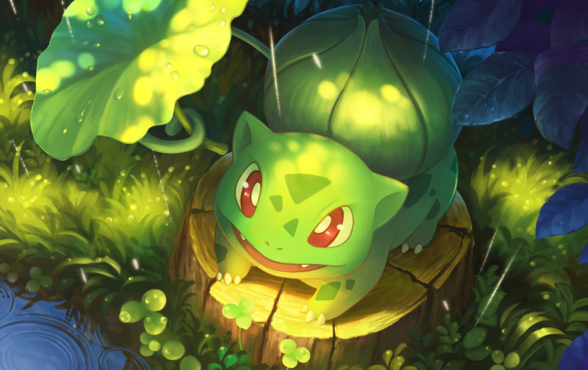 bright_pupils bulbasaur claws commentary_request emanon19891216 fangs from_above grass holding holding_leaf leaf looking_up no_humans open_mouth pokemon pokemon_(creature) rain red_eyes ripples smile solo tree_stump water water_drop white_pupils