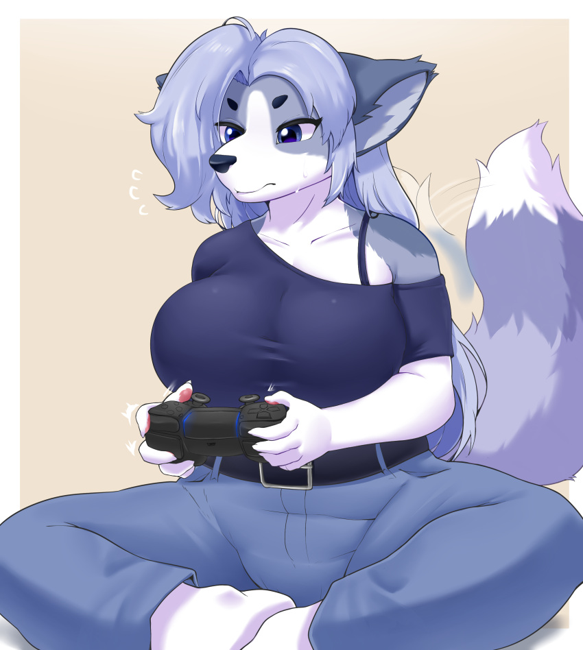 2022 5_fingers absurd_res anthro barefoot belt big_breasts blue_eyes bodily_fluids bottomwear bra_strap breasts canid canine cecily_lin claws clothed clothing controller feet female finger_claws fingers flying_sweatdrops fur game_controller gaming grey_body grey_fur hair hi_res kemono long_hair mammal multicolored_body multicolored_fur multicolored_tail off_shoulder pants pawpads playing_videogame shirt silver_hair sitting solo sweat sweatdrop tail_motion tailwag tight_clothing topwear white_body white_fur wireless_controller