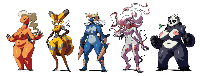 anthro anthrofied armor arthropod_abdomen bittenhard black_body black_fur blue_body blue_fur blue_nipples brown_nipples curvy_figure dual_wielding eyes_closed female fur genitals group headgear helmet hi_res hisuian_zoroark holding_object holding_weapon insect_wings mature_anthro mature_female melee_weapon muscular muscular_anthro muscular_female nintendo nipples nude orange_body pangoro pink_nipples pok&eacute;mon pok&eacute;mon_(species) pussy regional_form_(pok&eacute;mon) samurott simple_background slightly_chubby small_waist stocky sword tiptoes torkoal vespiquen video_games voluptuous weapon white_background white_body white_fur wide_hips wings yellow_body