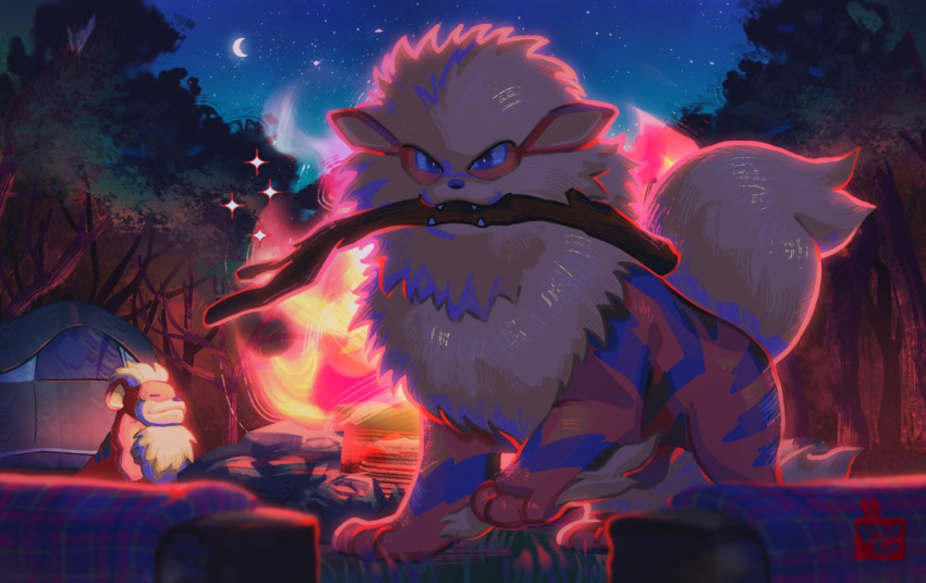 aquiboni arcanine bright_pupils campfire commentary crescent_moon evolutionary_line grass growlithe moon mouth_hold night no_humans outdoors pokemon pokemon_(creature) sky sparkle standing star_(sky) stick tent