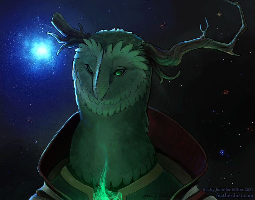 alien ambiguous_gender anthro avian bird broken_horn bust_portrait clothing feathers green_flames horn looking_aside nambroth night outer_wilds owl portrait pursuers_(outer_wilds) robe solo star the_prisoner_(outer_wilds) watermark