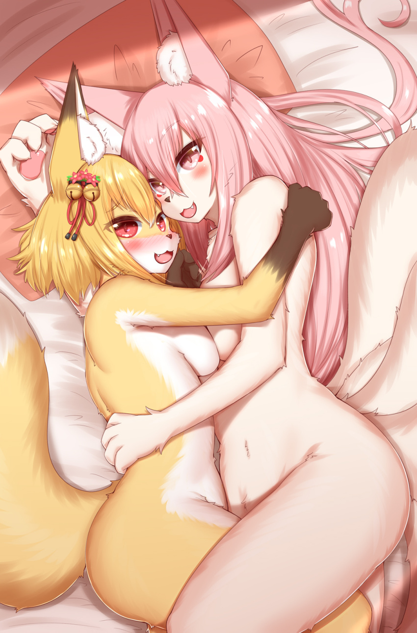 2022 alternate_version_at_source anthro bed bird's-eye_view blonde_hair blush breast_squish breasts breasts_frottage brown_body brown_fur brown_nose canid canine claws cute_fangs dipstick_ears dipstick_tail duo embrace female female/female finger_claws fluffy fox fox_spirit fur furniture gloves_(marking) hair happy hi_res high-angle_view horokusa0519 hug inner_ear_fluff kemono long_hair looking_at_viewer mammal markings multi_tail multicolored_body multicolored_ears multicolored_fur multicolored_tail nude pawpads pillow pink_body pink_eyes pink_fur pink_hair red_eyes squish tail_markings tongue tuft white_body white_fur yellow_body yellow_fur