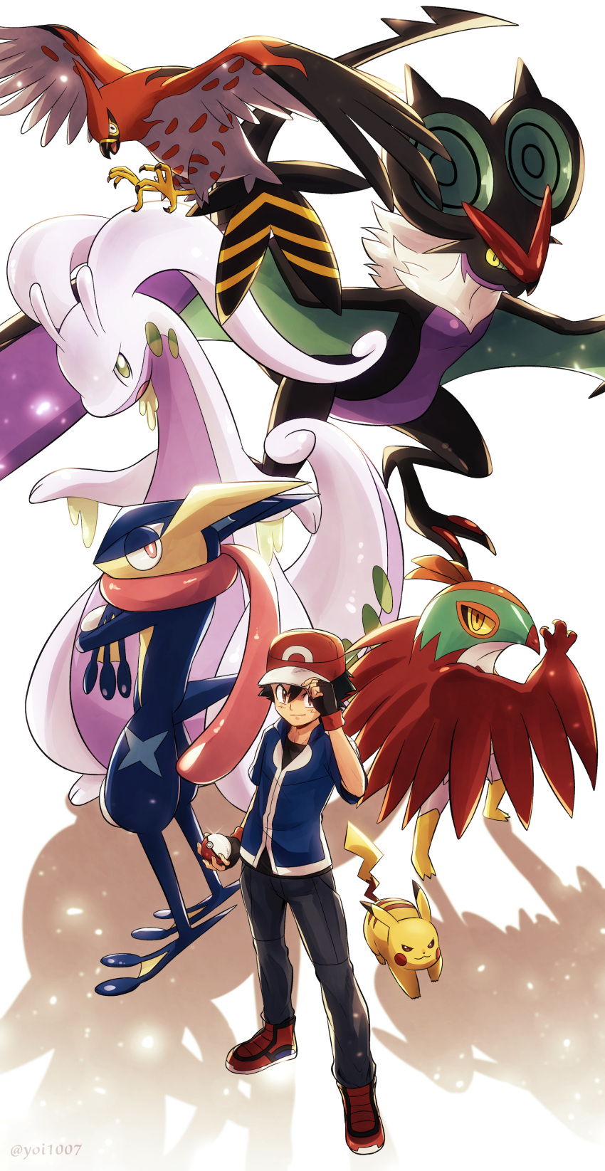 1boy absurdres ash_ketchum bangs black_gloves black_hair black_pants black_shirt blue_jacket closed_mouth commentary_request fingerless_gloves gloves goodra greninja hand_on_headwear hat hawlucha highres jacket male_focus noivern pants pikachu pokemon pokemon_(anime) pokemon_xy_(anime) red_footwear red_headwear shirt shoes short_hair smile standing talonflame yoi_(207342)