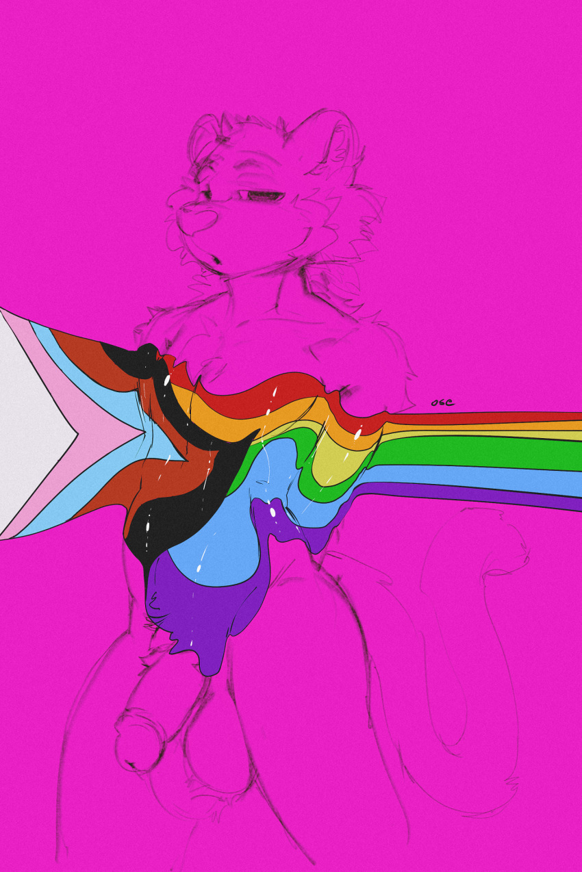 anthro ball_tuft balls biped cheek_tuft facial_tuft front_view genitals glans hair half-erect hands_behind_back hi_res humanoid_genitalia humanoid_penis lgbt_pride male narrowed_eyes open_mouth oselotti partially_colored penis pride_colors shoulder_tuft sketch solo tuft