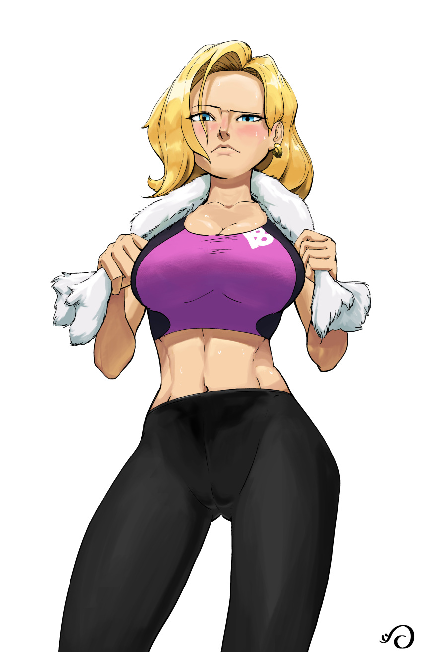 1girl absurdres android android_18 artist_logo athletic black_pants black_sports_bra black_tank_top blonde_hair blue_eyes bob_cut bra breasts cameltoe cleavage closed_mouth clothes_writing collarbone cowboy_shot crop_top disappointed dragon_ball dragon_ball_z ear_piercing earrings exercise eyebrows_visible_through_hair forehead high-waist_pants highres holding holding_towel hoop_earrings jewelry large_breasts leggings looking_at_viewer midriff navel pants piercing pink_ebi purple_sports_bra purple_tank_top raised_eyebrows shiny shiny_skin short_hair signature simple_background single_earring skin_tight solo spandex sports_bra sportswear stomach sweat tank_top tight tight_pants towel towel_around_neck underwear white_background yoga_pants