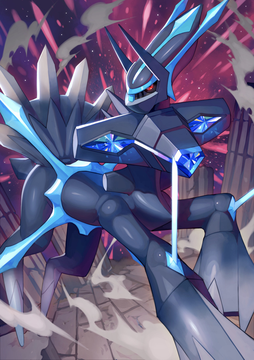 absurdres black_sclera blue_gemstone colored_sclera commentary_request dialga dialga_(origin) gem highres no_humans pillar pokemon pokemon_(creature) red_eyes shiny solo sumosamo