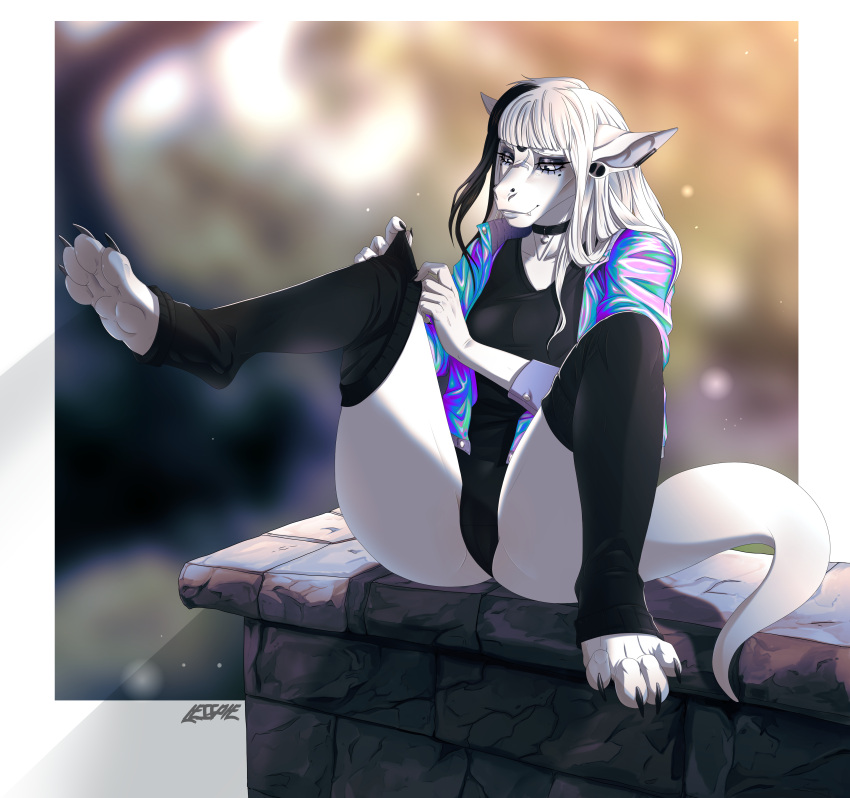 2022 4_toes 5_fingers absurd_res anthro breasts clothed clothing digital_media_(artwork) dragon eyebrows eyelashes feet female fingers hair hi_res lesspie non-mammal_breasts smile toes white_eyes white_hair wingless_dragon