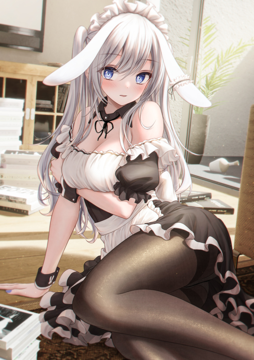1girl absurdres animal_ears apron arm_under_breasts bae.c bangs bare_shoulders blue_eyes blush breasts cleavage dress frilled_skirt frills highres indoors large_breasts leaning lop_rabbit_ears maid maid_headdress off-shoulder_dress off_shoulder original pantyhose puffy_short_sleeves puffy_sleeves rabbit_ears short_sleeves sitting skirt solo straight_hair white_hair