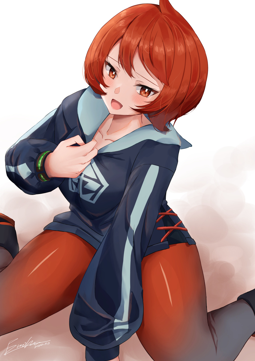 1girl :d absurdres arezu_(pokemon) blush collarbone dated diamond_clan_outfit enoha grey_legwear highres looking_at_viewer pantyhose pokemon pokemon_(game) pokemon_legends:_arceus red_eyes red_hair red_legwear short_hair signature sitting smile solo two-tone_legwear wariza white_background