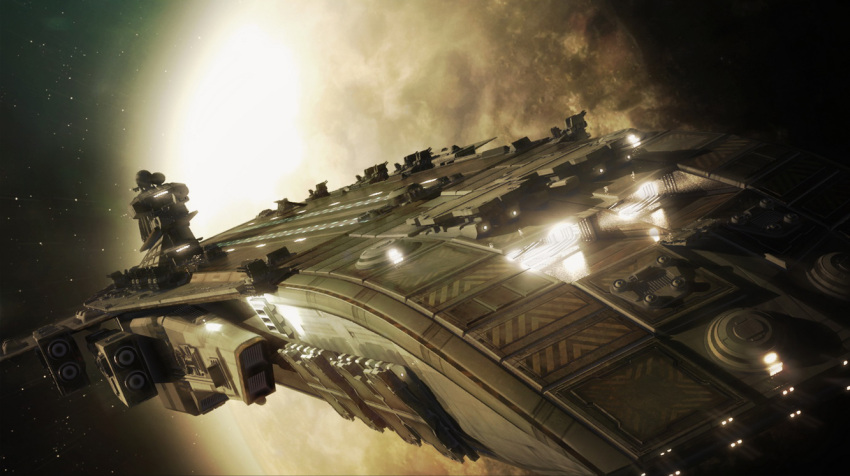 3d aircraft_carrier carrier commentary flying glowing gun landscape machinery military military_vehicle no_humans original outdoors planet realistic scenery science_fiction ship sky space spacecraft star_(sky) starry_sky togman-studio turret vehicle_focus warship watercraft weapon