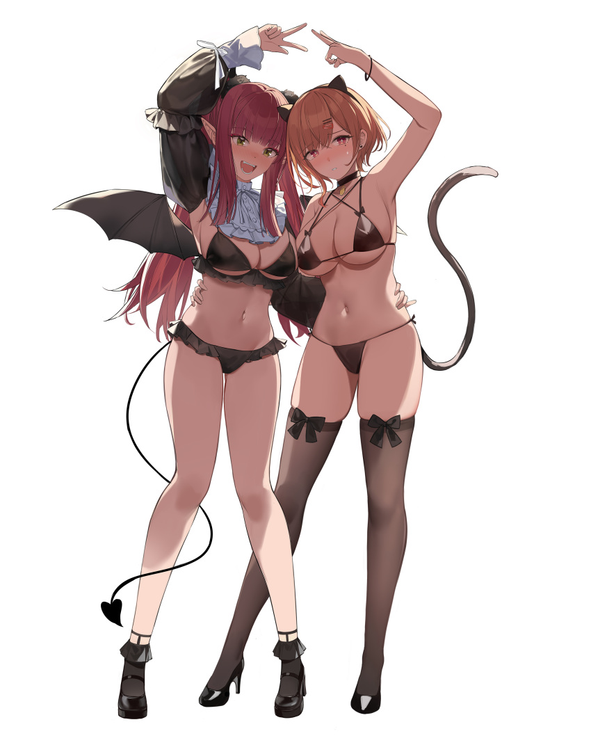 2girls :d absurdres animal_ears arm_up bangs bare_legs bikini black_bikini black_footwear black_legwear black_wings blush breasts brown_hair cat_ears cleavage cosplay demon_girl demon_tail demon_wings detached_sleeves fake_animal_ears green_eyes hair_ornament hairclip hand_on_hip high_heels highres higuchi_madoka idolmaster idolmaster_shiny_colors kitagawa_marin large_breasts long_hair looking_at_viewer mole mole_under_eye multiple_girls navel parted_lips pink_hair purple_eyes short_hair side-by-side smile sono_bisque_doll_wa_koi_wo_suru string_bikini swimsuit tail thighhighs v white_background wings yokii