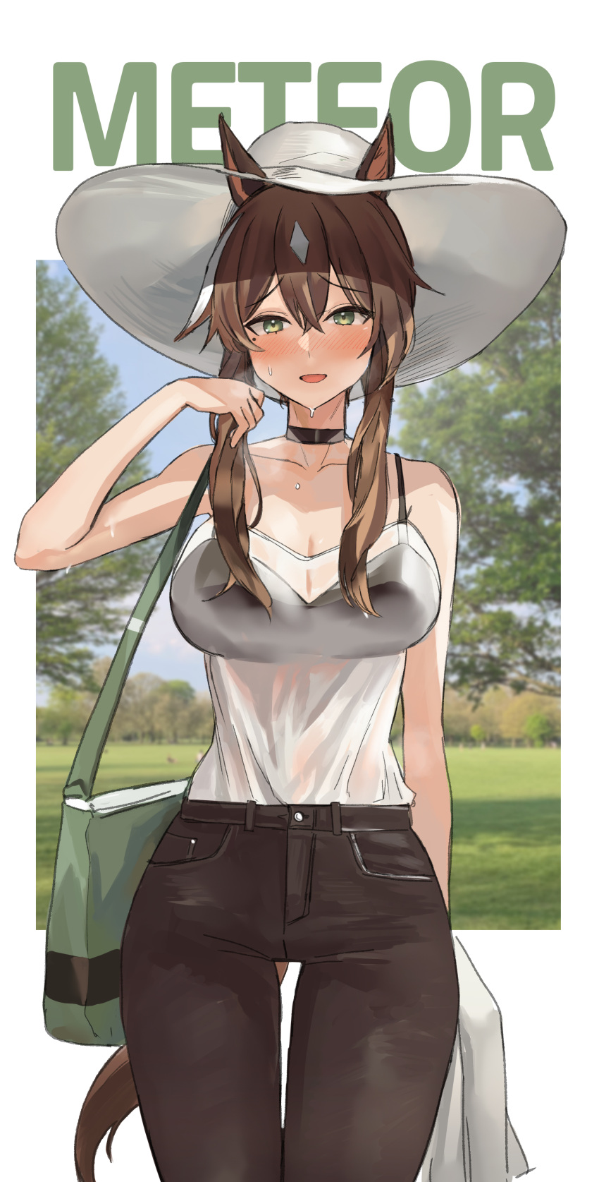 1girl :d absurdres alternate_costume animal_ears arknights arm_up bag bangs bare_shoulders bikini bikini_under_clothes black_bikini blush breasts brown_hair brown_pants character_name cleavage collarbone cowboy_shot doodle_punch ears_through_headwear eyebrows_visible_through_hair green_eyes hat highres horse_ears hot large_breasts long_hair looking_at_viewer meteor_(arknights) multicolored_hair open_mouth pants photo_background see-through short_hair_with_long_locks shoulder_bag sidelocks smile solo streaked_hair sun_hat sweat swimsuit thigh_gap two-tone_hair white_hair white_headwear