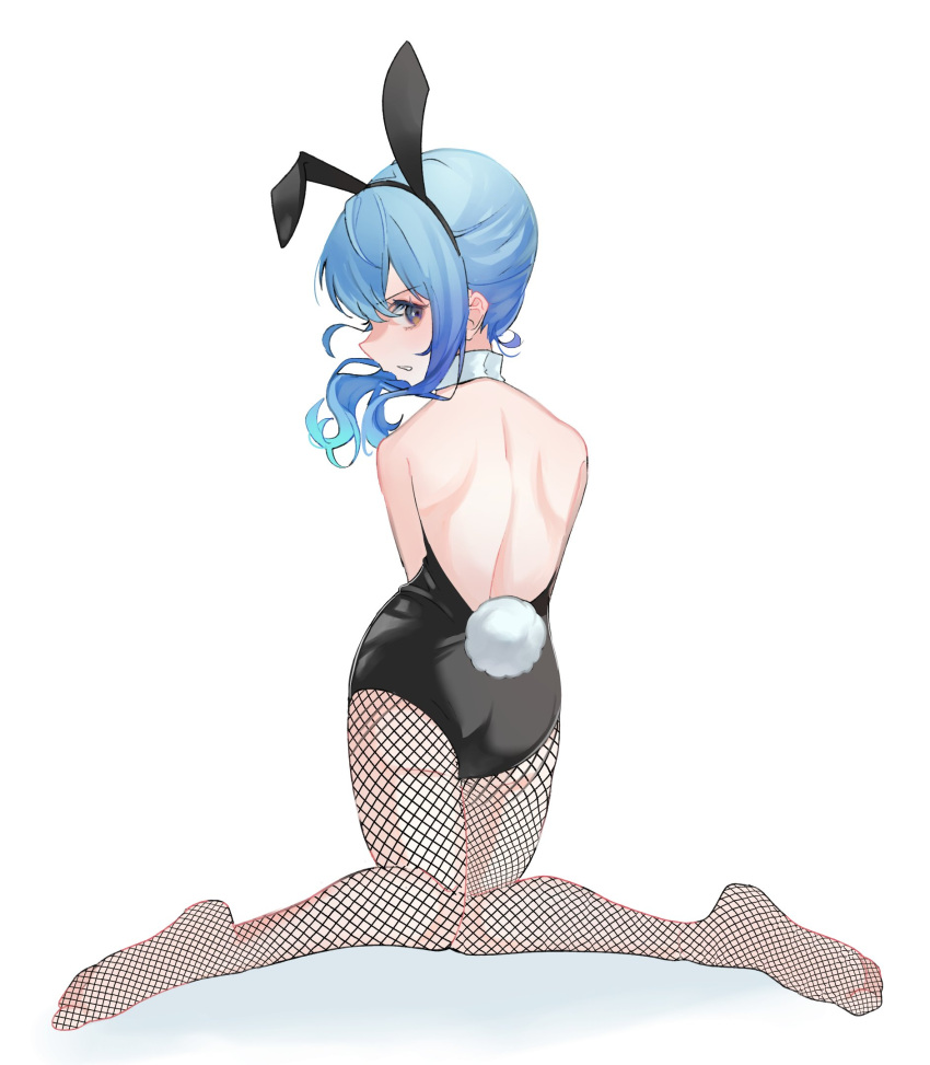 1girl angry animal_ears back bare_back bare_shoulders blue_eyes blue_hair collar curly_hair feet fishnet_legwear fishnets highres hololive hoshimachi_suisei kneeling legs_apart long_hair looking_at_viewer looking_back nagahisa playboy_bunny rabbit_ears rabbit_tail solo tail white_background