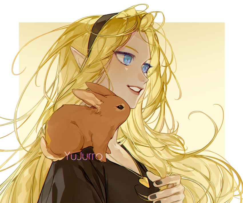 1girl animal artist_name black_headband black_nails black_shirt blonde_hair blue_eyes bunny from_side headband heart_pendant jewelry lips long_hair looking_away messy_hair original parted_lips pointy_ears shirt simple_background smile solo upper_body v-neck wind yujurro