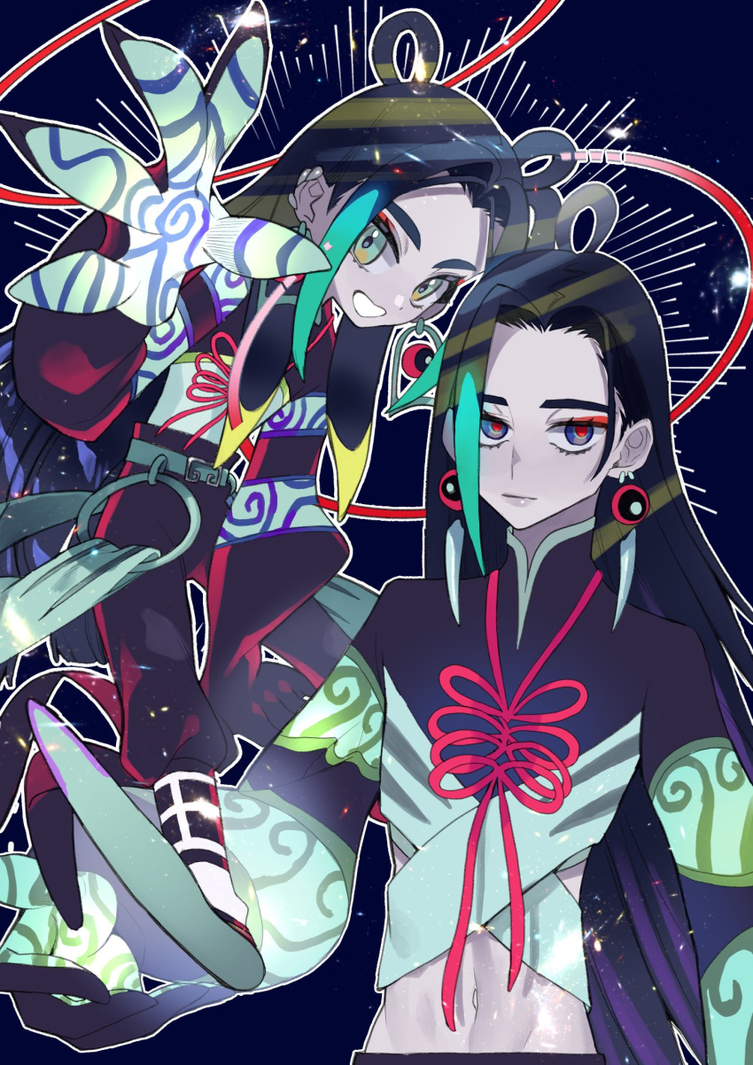 2boys black_hair black_pants blonde_hair blue_hair chinese_clothes closed_mouth crop_top earrings expressionless eyeshadow fate/grand_order fate_(series) full_body gloves halo highres jewelry kujiraoka light_particles long_hair long_sleeves looking_at_viewer makeup male_focus multicolored_eyes multicolored_hair multiple_boys open_mouth pale_skin pants red_eyes red_eyeshadow smile taisui_xingjun_(fate) time_paradox upper_body