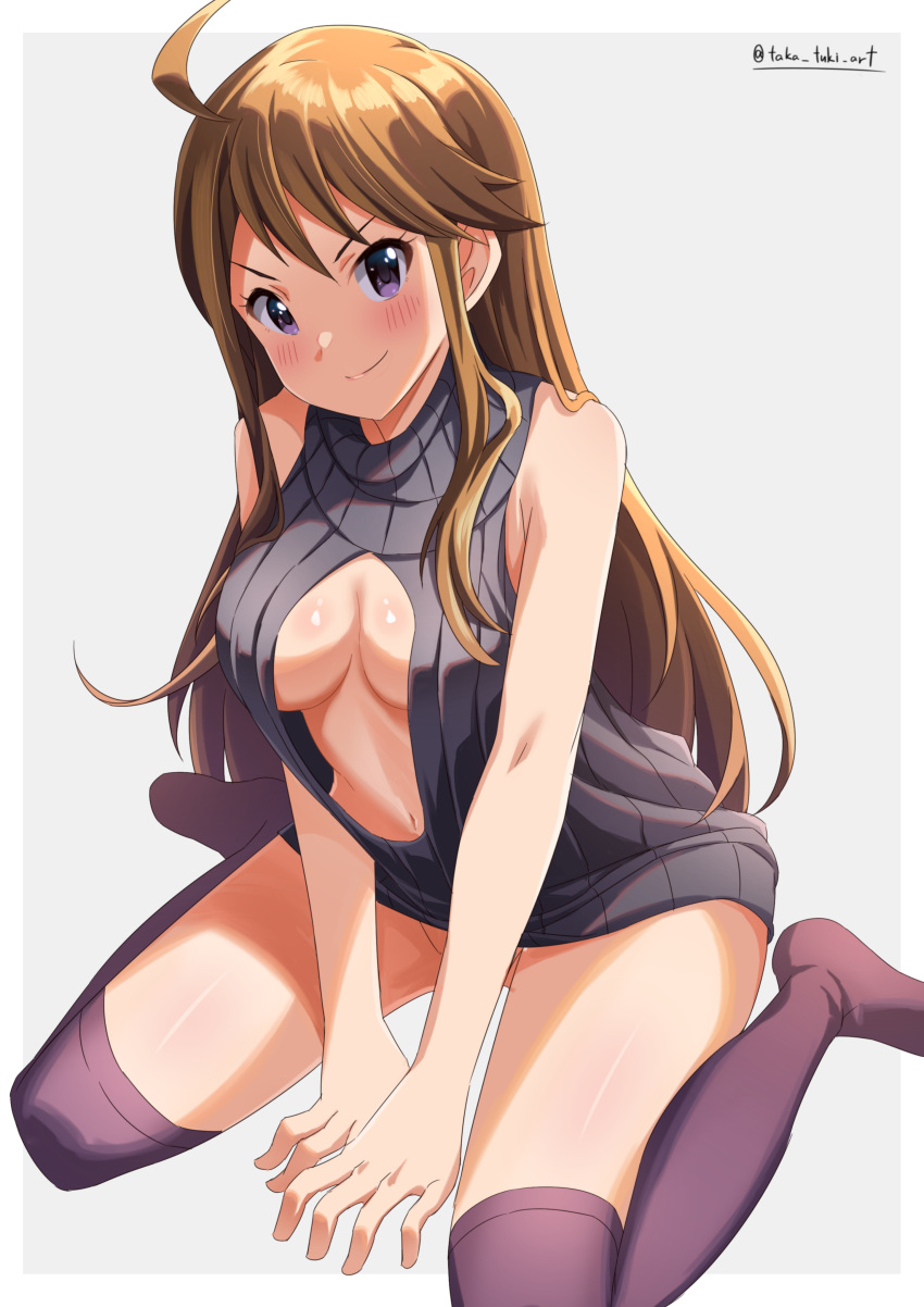 &gt;:) 1girl absurdres ahoge bangs blue_eyes brown_hair cleavage_cutout clothing_cutout dress grey_sweater highres idolmaster idolmaster_million_live! long_hair meme_attire naked_sweater ribbed_sweater sitting sleeveless smile solo sweater sweater_dress swept_bangs takatsuki_p thighhighs tokoro_megumi turtleneck turtleneck_sweater v-shaped_eyebrows virgin_killer_sweater wariza