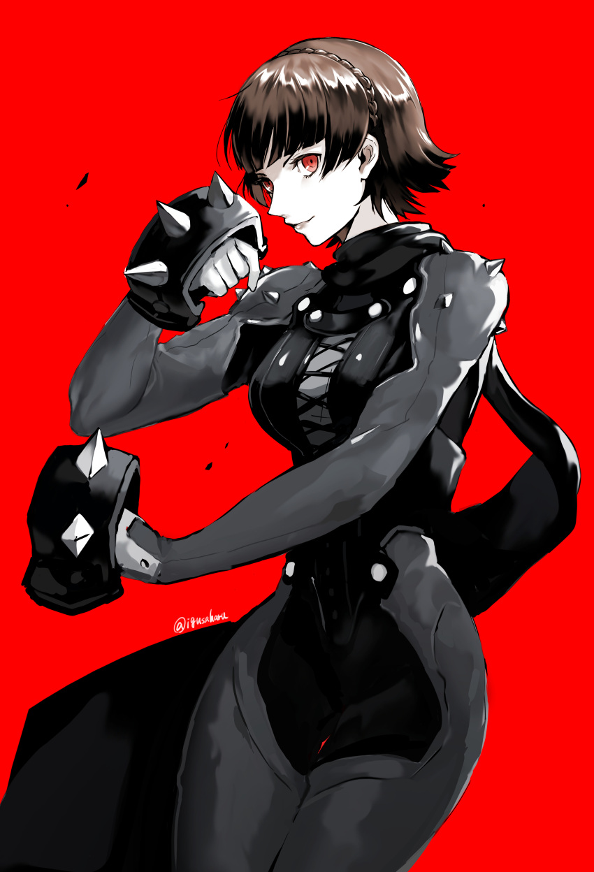 1girl absurdres biker_clothes black_bodysuit black_cape bodysuit braid breasts brown_hair cape commentary cowboy_shot crown_braid highres igusaharu limited_palette looking_at_viewer medium_breasts niijima_makoto persona persona_5 red_background red_eyes short_hair shoulder_spikes simple_background smile solo spiked_knuckles spikes twitter_username