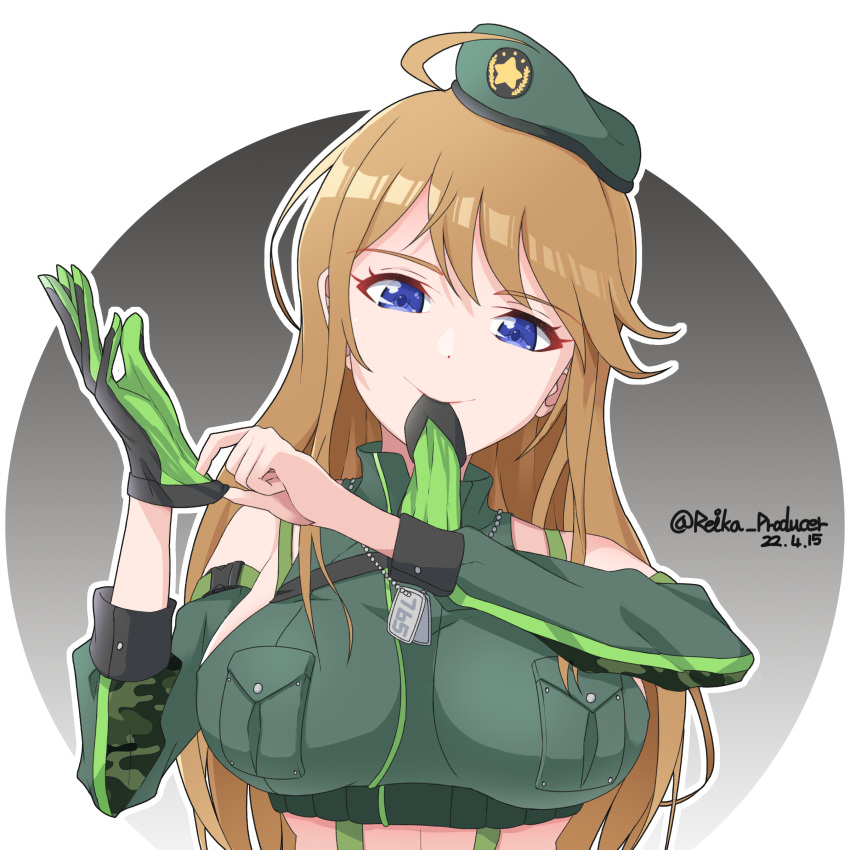 1girl absurdres adjusting_clothes adjusting_gloves ahoge bangs beret blue_eyes brown_hair camouflage detached_sleeves dog_tags glove_in_mouth gloves hat highres idolmaster idolmaster_million_live! idolmaster_million_live!_theater_days latex long_hair looking_at_viewer military military_uniform mouth_hold nillis solo swept_bangs tokoro_megumi uniform upper_body