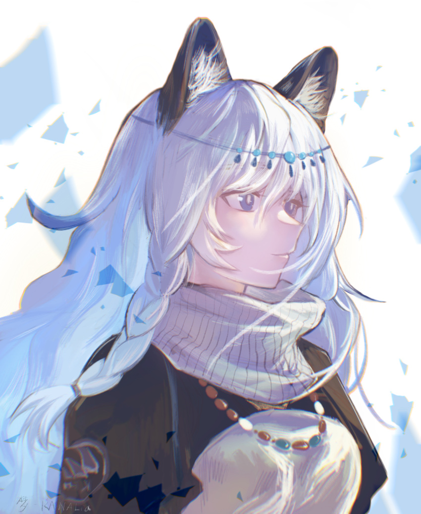 1girl animal_ear_fluff animal_ears arknights bangs black_capelet braid capelet closed_mouth dress eyebrows_visible_through_hair hair_between_eyes highres jewelry kanalia leopard_ears long_hair necklace pramanix_(arknights) purple_eyes silver_hair simple_background smile solo turtleneck_dress twin_braids upper_body white_background white_dress