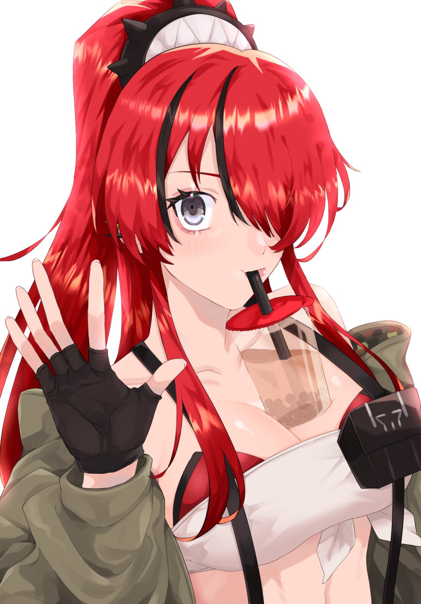 1girl bandeau bangs black_gloves black_hair breasts bubble_tea_challenge cleavage collarbone commentary_request cup disposable_cup drinking drinking_straw fingerless_gloves gloves grey_eyes hair_over_one_eye hand_up highres jacket lain_paterson large_breasts long_hair long_sleeves looking_at_viewer midriff multicolored_hair nijisanji open_clothes open_jacket ponytail pouch red_hair simple_background smile solo strapless streaked_hair suspenders touhenki tube_top upper_body virtual_youtuber white_background