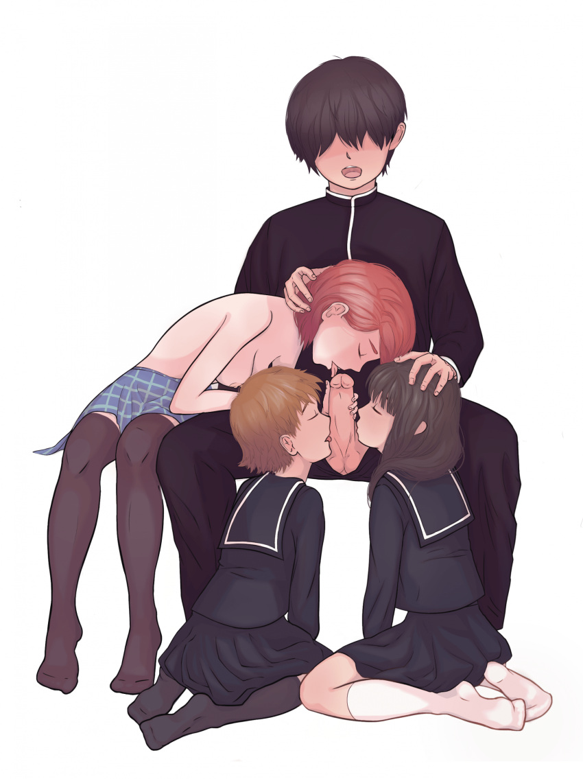 1boy 3girls absurdres alexpantya arima_souichirou arm_on_head black_hair black_legwear brown_eyes brown_hair closed_eyes commission faceless faceless_male fellatio hetero highres kareshi_kanojo_no_jijou kissing_penis miyazawa_kano miyazawa_tsukino miyazawa_yukino multiple_girls open_mouth oral red_eyes red_hair school_uniform siblings simple_background sisters white_legwear