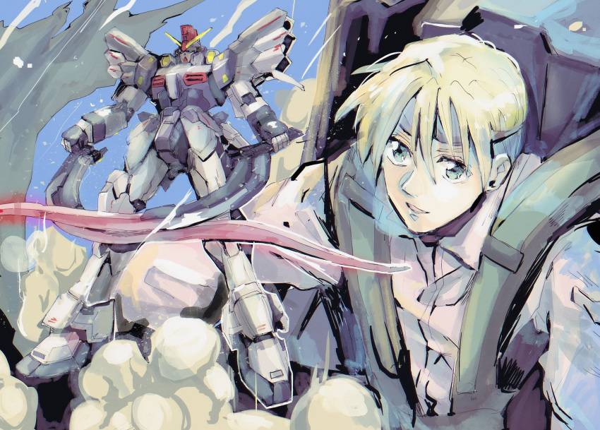 1boy blonde_hair blue_eyes commentary dual_wielding dust_cloud gundam gundam_sandrock_custom gundam_wing gundam_wing_endless_waltz highres holding holding_sword holding_weapon kare_(0621utak) male_focus mecha mobile_suit open_mouth quatre_raberba_winner science_fiction smile standing sword v-fin weapon