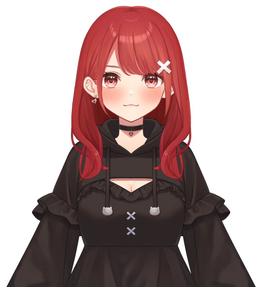 1girl :3 bangs black_dress blush breasts cleavage cleavage_cutout closed_mouth clothing_cutout commentary_request copyright_request drawstring dress earrings eyebrows_behind_hair frilled_dress frills hair_ornament heart heart_earrings highres hood hood_down hooded_dress jewelry kurono_kito long_hair long_sleeves looking_at_viewer official_art red_eyes red_hair simple_background small_breasts smile solo upper_body white_background x_hair_ornament