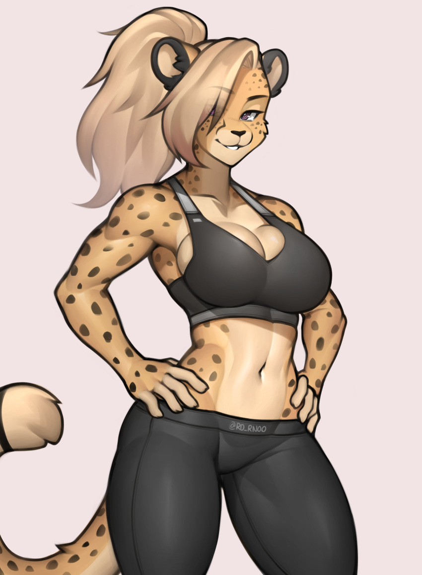 absurd_res anthro athletic athletic_anthro belly big_breasts blonde_hair bottomwear bra breasts cheetah cleavage clothed clothed_female clothing felid feline female fur hair hands_on_hips hi_res long_hair looking_at_viewer mammal midriff navel pants ponytail purple_eyes rd-rn00 smile solo sports_bra spots spotted_body spotted_fur standing thigh_gap underwear wide_hips yellow_body yellow_fur yoga_pants