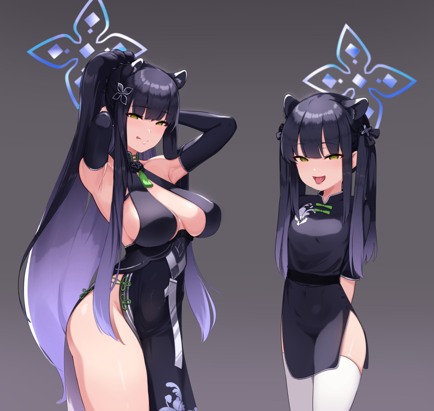 2girls :q absurdres animal_ear_fluff animal_ears armpits arms_behind_back arms_behind_head arms_up bangs bare_shoulders black_dress black_gloves black_hair blue_archive blunt_bangs blush breasts china_dress chinese_clothes cleavage closed_mouth covered_navel cowboy_shot dress dual_persona elbow_gloves eyebrows_visible_through_hair gloves green_eyes grey_background hair_ornament hair_ribbon halo highres large_breasts licking_lips long_hair looking_at_viewer multiple_girls naughty_face p03145 pelvic_curtain ribbon short_sleeves shun_(blue_archive) shun_(kid)_(blue_archive) side_slit simple_background skindentation small_breasts smile standing thighhighs thighs tiger_ears tiger_girl tongue tongue_out two_side_up very_long_hair white_legwear younger