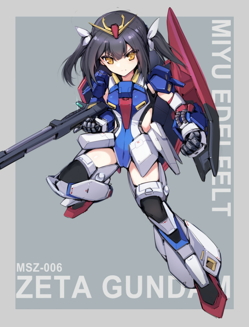 1girl armor bangs beam_rifle black_hair character_name clenched_hand commentary cosplay crossover energy_gun english_text eyebrows_visible_through_hair fate/kaleid_liner_prisma_illya fate_(series) full_body grey_background gundam highres leotard long_hair looking_at_viewer mecha_musume miyu_edelfelt serious shield sidelocks solo taro_(ultrataro) twintails v-fin weapon yellow_eyes zeta_gundam zeta_gundam_(mobile_suit) zeta_gundam_(mobile_suit)_(cosplay)