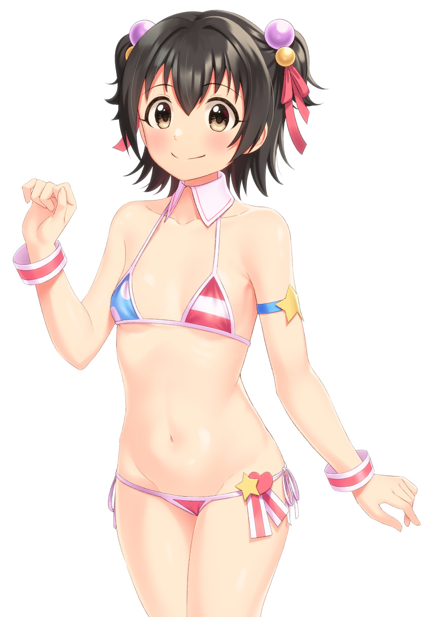 1girl absurdres akagi_miria armband bangs bikini black_hair breasts brown_eyes clenched_hand collarbone commentary_request detached_collar eyebrows_visible_through_hair groin hair_bobbles hair_ornament hair_ribbon hand_up heart highres idolmaster idolmaster_cinderella_girls light_blush looking_at_viewer mismatched_bikini navel pikapikapop_(idolmaster) red_ribbon ribbon short_hair short_twintails small_breasts smile solo star_(symbol) stomach string_bikini swimsuit thighs tsunenorip twintails white_background wristband