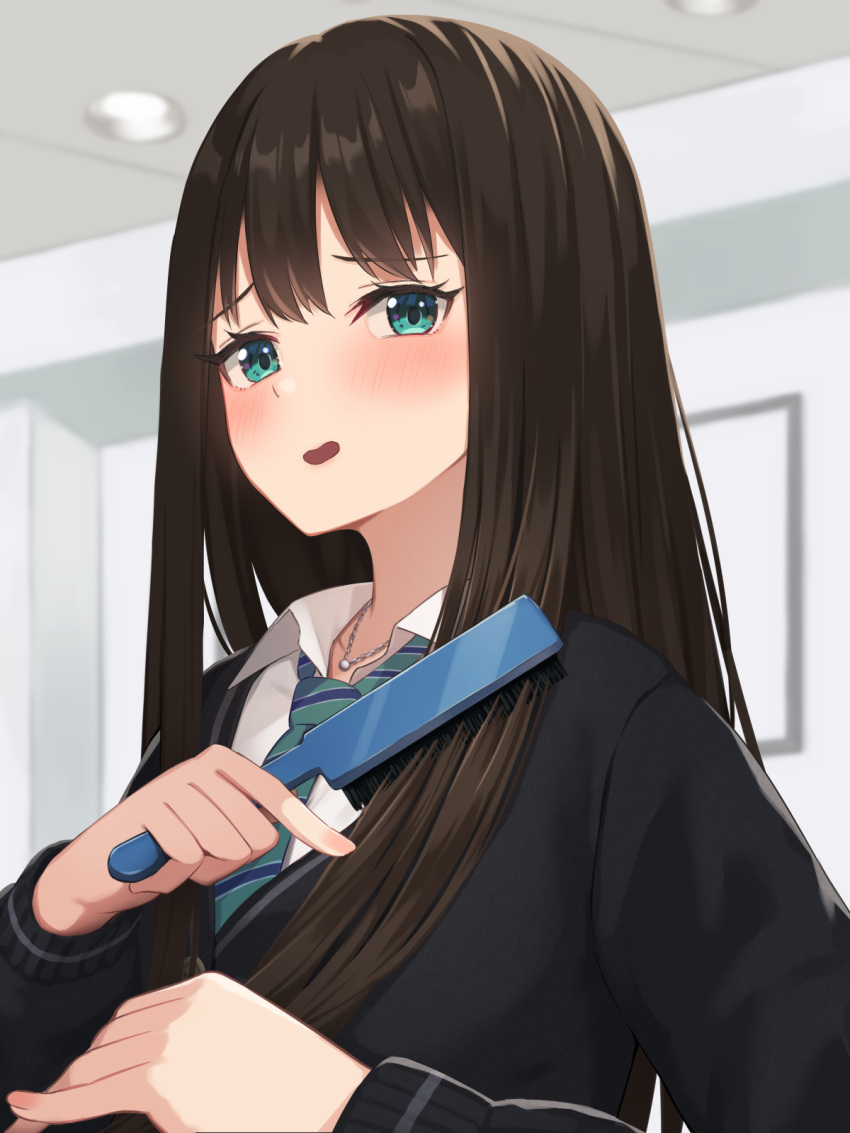 1girl bangs blurry blush brown_hair cardigan depth_of_field green_eyes hair_brushing highres idolmaster idolmaster_cinderella_girls jewelry kurowan long_hair long_sleeves looking_at_viewer necklace necktie open_mouth shibuya_rin solo striped_necktie upper_body