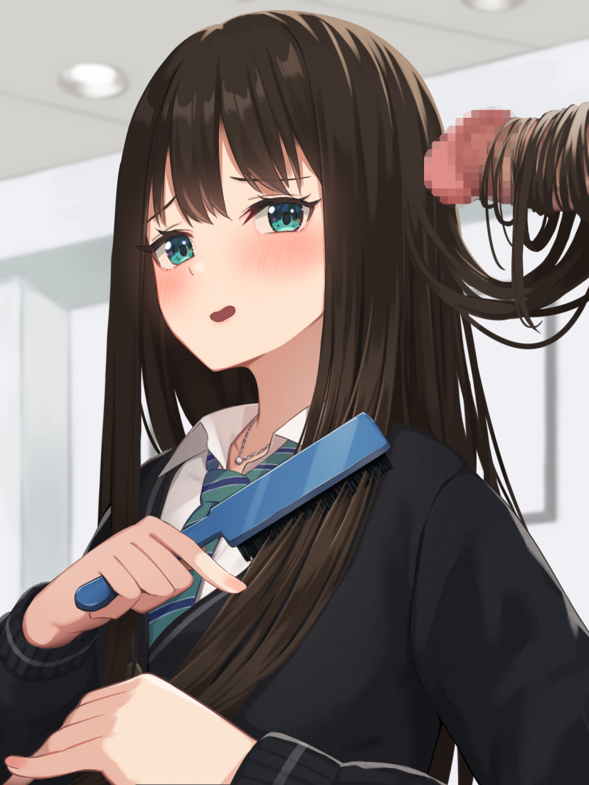 1girl bangs blurry blush brown_hair cardigan censored depth_of_field green_eyes hair_brushing hairjob highres idolmaster idolmaster_cinderella_girls jewelry kurowan long_hair long_sleeves looking_at_viewer mosaic_censoring necklace necktie open_mouth penis shibuya_rin solo striped_necktie upper_body